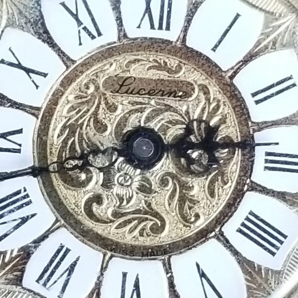 Vintage Petite Pocket Watch Gold Tone Lucerne Swiss NEEDS REPAIR Scroll Work